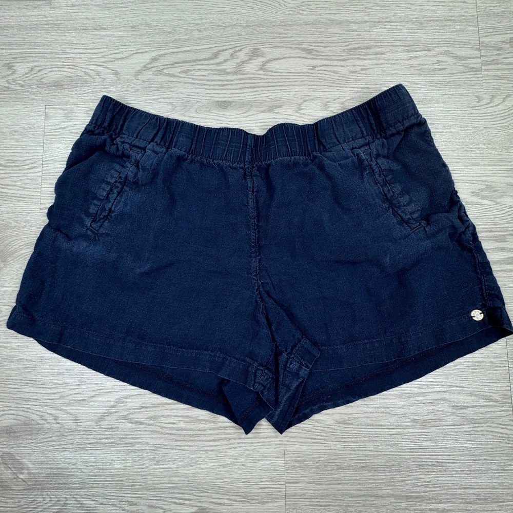 Lilly Pulitzer Women's Shorts Buttercup Linen Navy Blue XL Elastic Waist Pockets